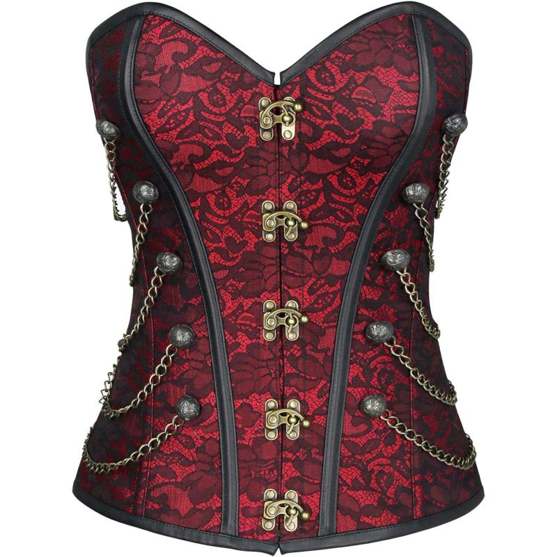 Charmian Womens Spiral Steel Boned Steampunk Gothic Bustier Corset With Chains Wine Red