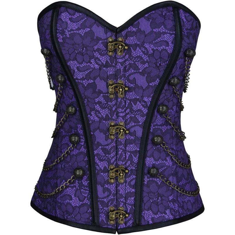 Charmian Womens Spiral Steel Boned Steampunk Gothic Bustier Corset With Chains Violet