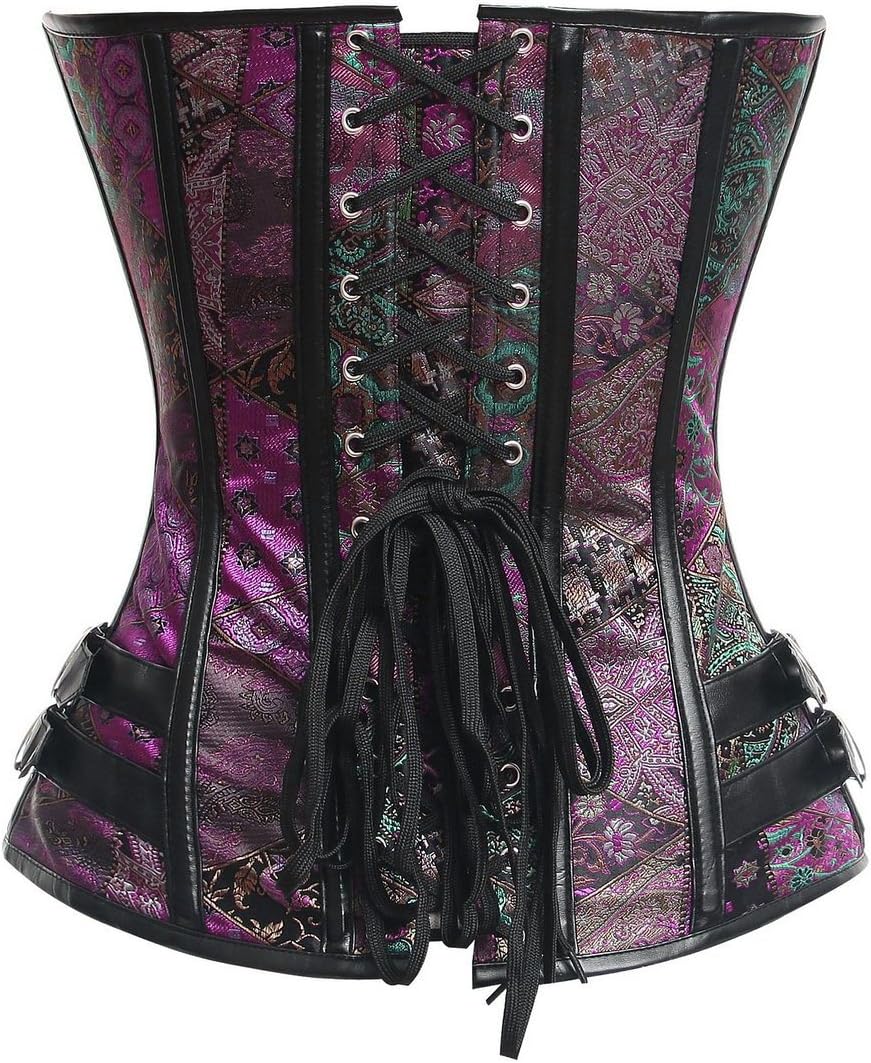 Charmian Women’s Steampunk Gothic Brocade Steel Boned Bustier Corset With Buckle Purple